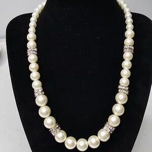 Faux White Pearl and Rhinestone Accented Spacer Beaded Necklace 18"L